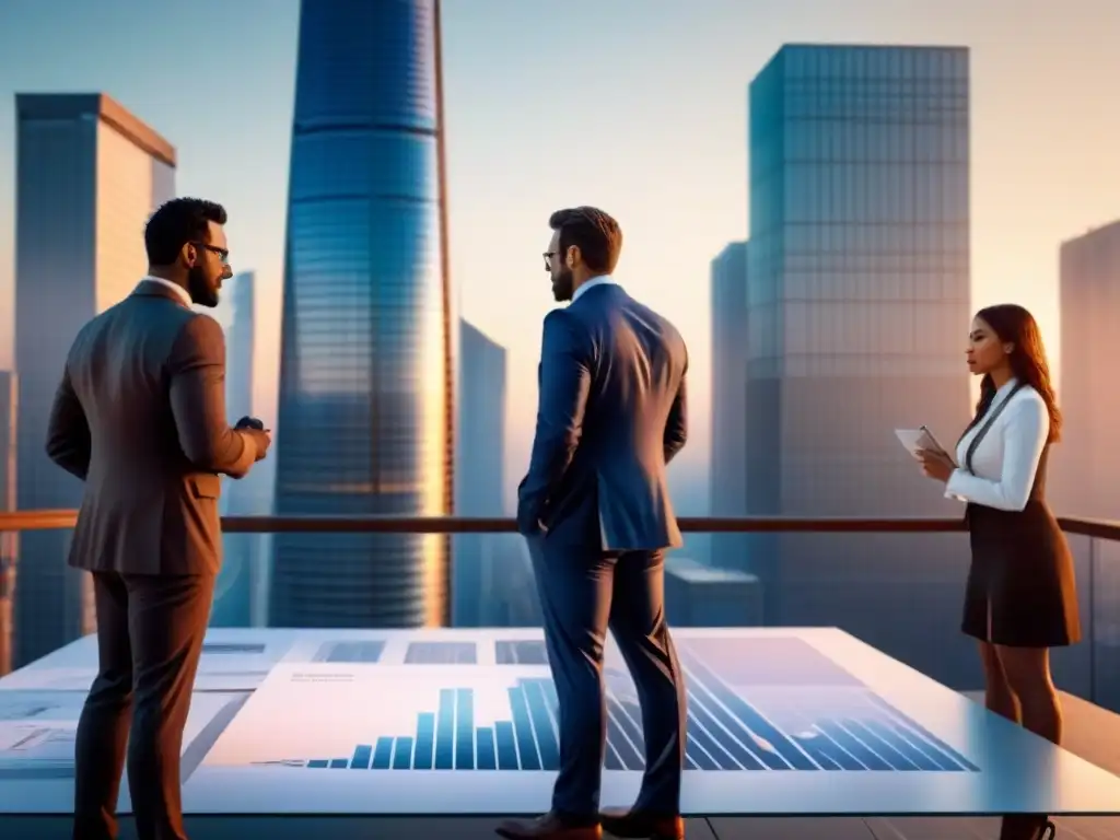 Vibrante ciudad al atardecer: innovación y colaboración en el sector comercial Vibrante ciudad al atardecer, profesionales colaborando en modernos rascacielos