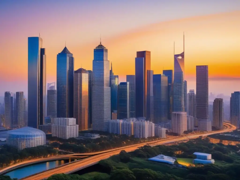 Horizonte urbano al atardecer: estrategias de precios inmobiliarios Vibrante ciudad al atardecer con profesionales discutiendo estrategias precios sector inmobiliario