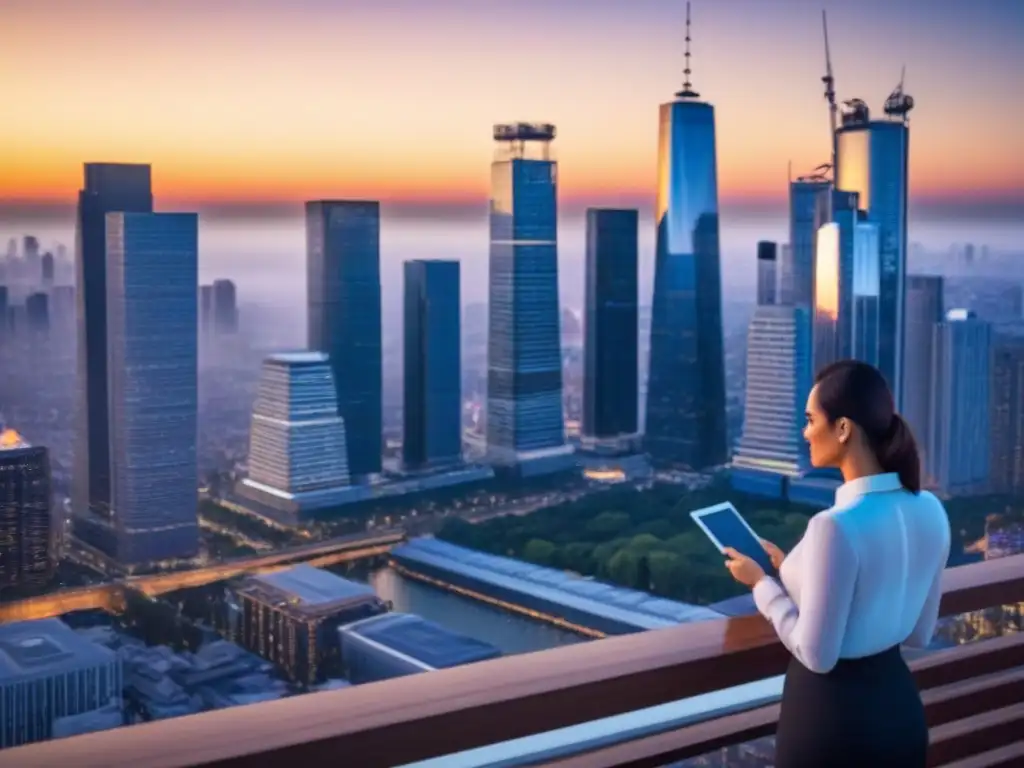 Innovación en la inversión inmobiliaria: ciudad al atardecer Una vibrante ciudad al atardecer con profesionales debatiendo datos de inversión inmobiliaria