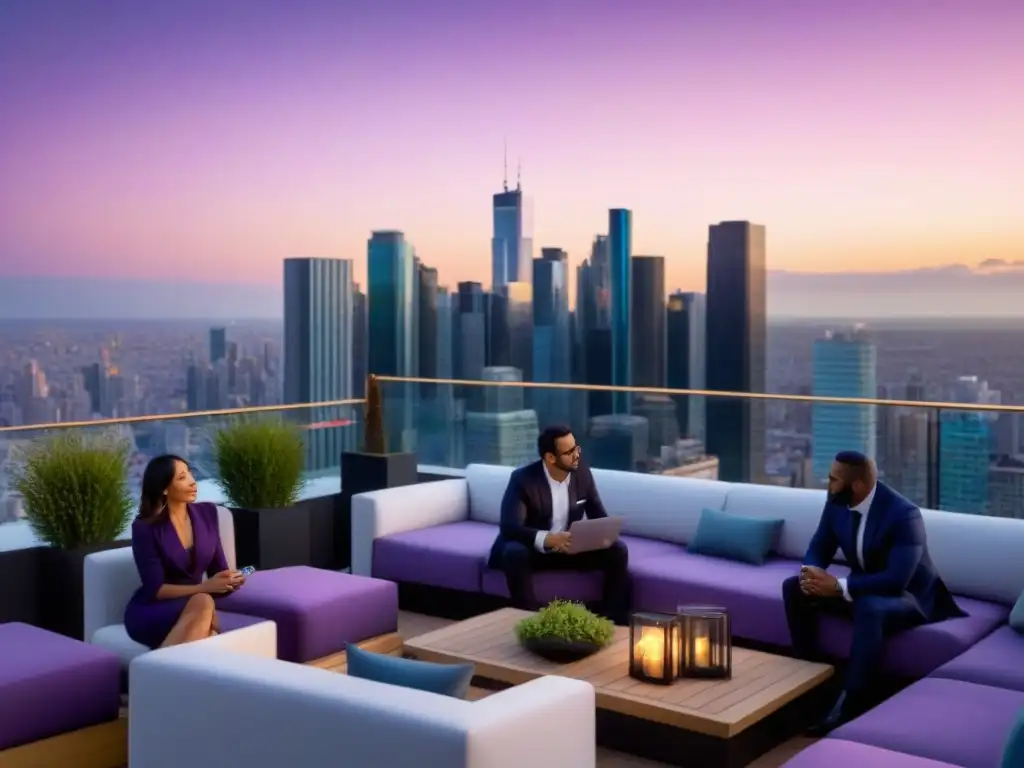 Skyline urbano al atardecer: Networking en evento de techos Una vibrante ciudad al atardecer con profesionales en evento al aire libre