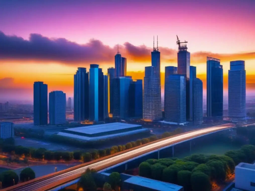 Profesionales debatiendo en ciudad moderna al atardecer Vibrante ciudad al atardecer con rascacielos, profesionales dialogando y luces de autos