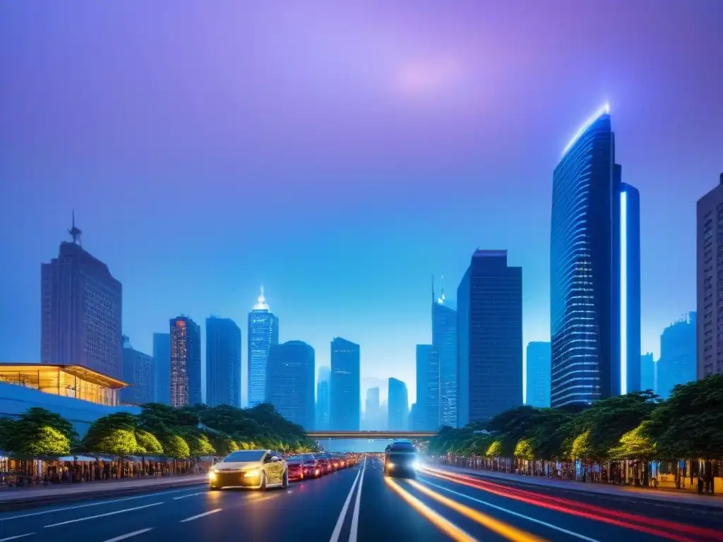 Horizonte urbano iluminado al anochecer: modernidad y bullicio en la ciudad Vibrante ciudad al atardecer con rascacielos iluminados, calles llenas de vida y vehículos eléctricos