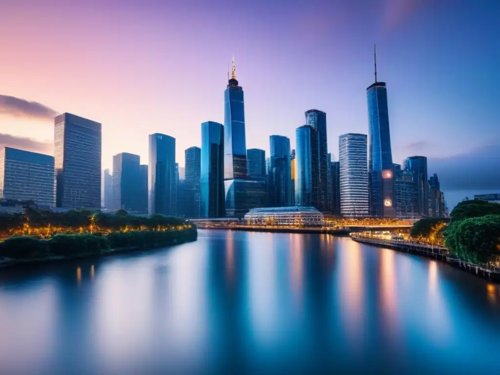 Horizonte urbano al atardecer: luces vibrantes y serenidad en la ciudad Vibrante ciudad al atardecer con rascacielos iluminados y río reflejando luces