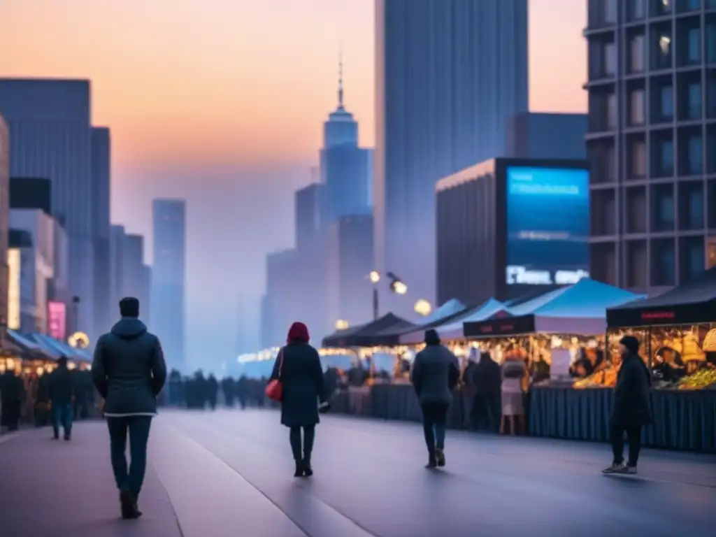 Horizonte urbano diverso al atardecer: oportunidades de inversión inmobiliaria Vibrante ciudad al atardecer, con rascacielos iluminados y personas diversas