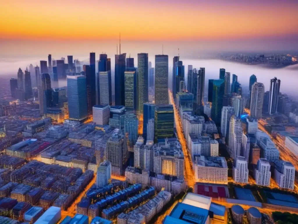 Horizonte urbano al atardecer: oportunidades de inversión en bienes raíces Vibrante ciudad al atardecer con rascacielos y luces, ideal para inversión inmobiliaria a corto plazo