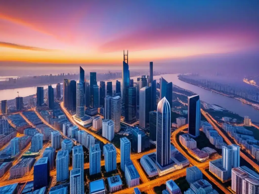 Horizonte urbano al atardecer: modernidad y esplendor en la ciudad Vibrante ciudad al atardecer con rascacielos modernos y calles iluminadas, reflejando estrategias salida inversionistas inmobiliarios