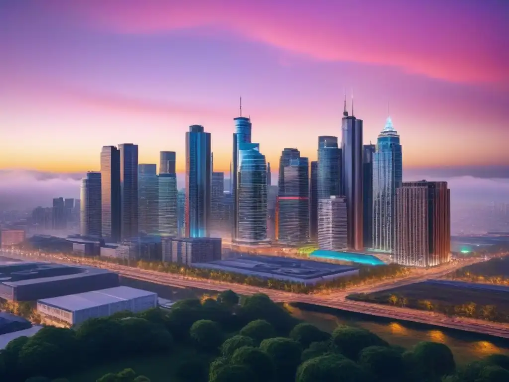 Vibrante ciudad al anochecer: inversión inmobiliaria y diversidad en acción Vibrante ciudad al atardecer con rascacielos iluminados y profesionales discutiendo