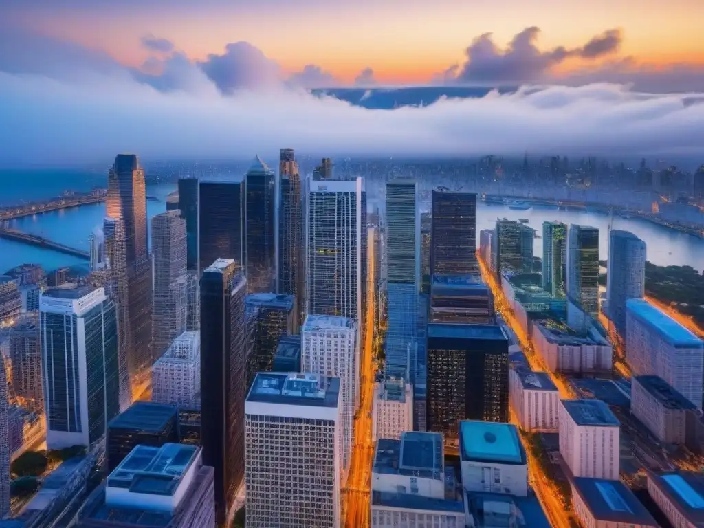 Inversión inmobiliaria en ciudad vibrante al atardecer Vibrante ciudad al atardecer, mezcla de rascacielos modernos y edificios históricos
