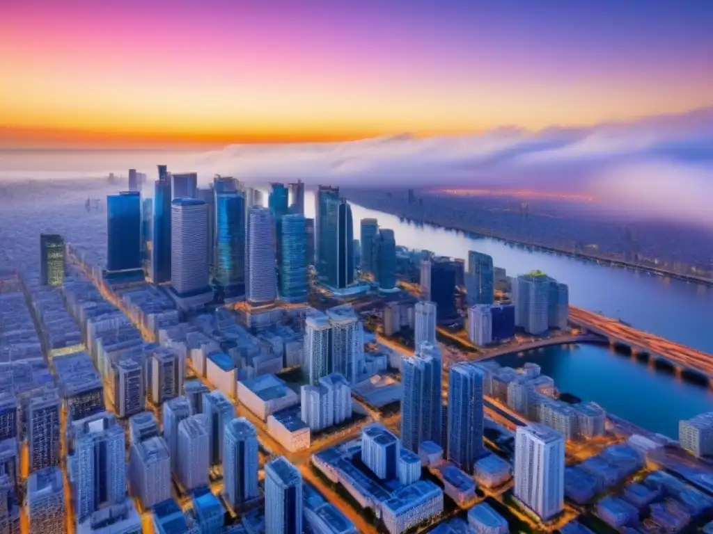 Vibrante metrópolis al atardecer: modernos rascacielos y luces de ciudad Vibrante ciudad al atardecer, con rascacielos modernos y luces brillantes en las calles