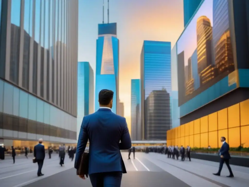 Inversión en REITs: Horizonte urbano dorado al atardecer Vibrante ciudad al atardecer, con rascacielos iluminados por un cálido atardecer dorado
