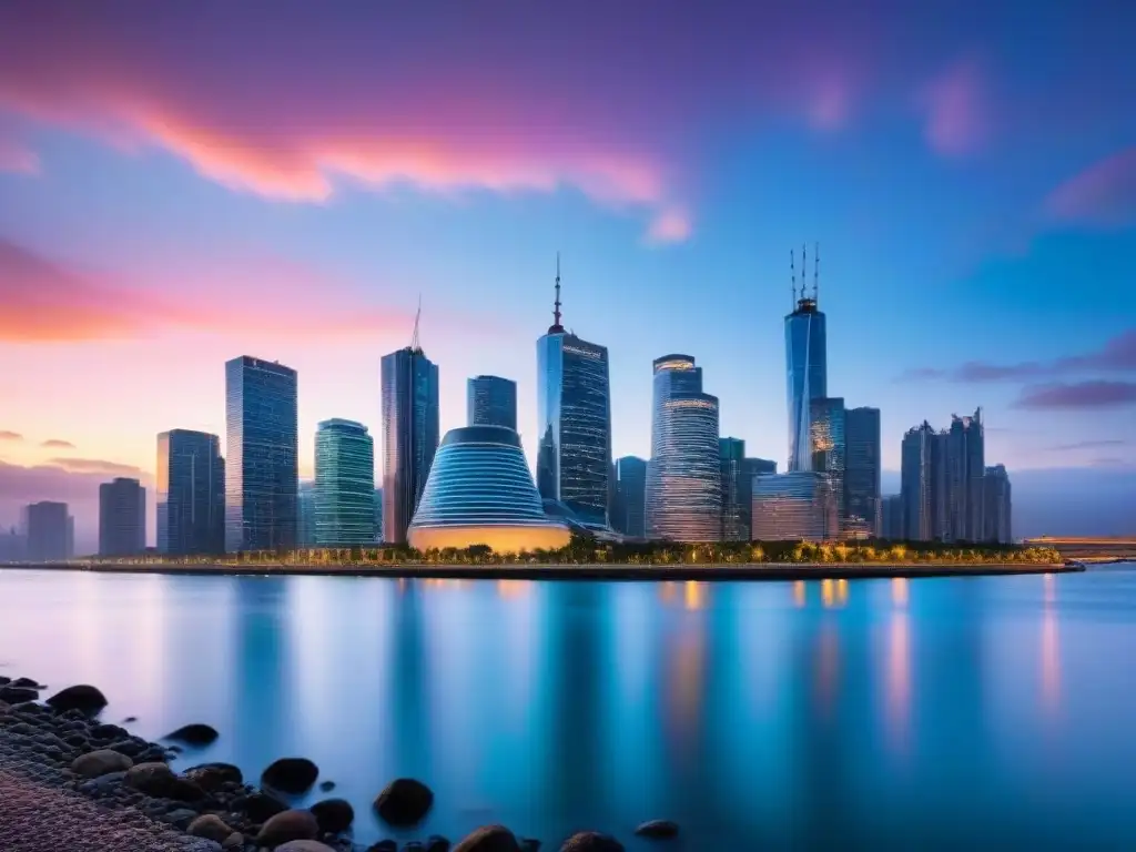 Esplendor urbano: ciudad moderna iluminada al anochecer Vibrante ciudad al atardecer, rascacielos iluminados reflejándose en el río, simbolizando progreso urbano