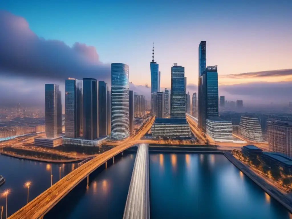 Horizonte urbano: éxito y oportunidad en finanzas inmobiliarias Una vibrante ciudad al atardecer con rascacielos de vidrio iluminados desde dentro