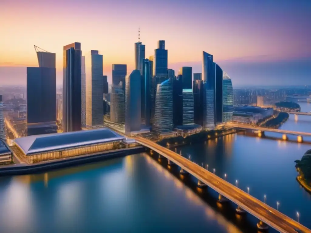 Horizonte urbano: modernización financiera en préstamos comerciales Vibrante ciudad al atardecer, con rascacielos iluminados, reflejando el crecimiento de préstamos para desarrollos comerciales