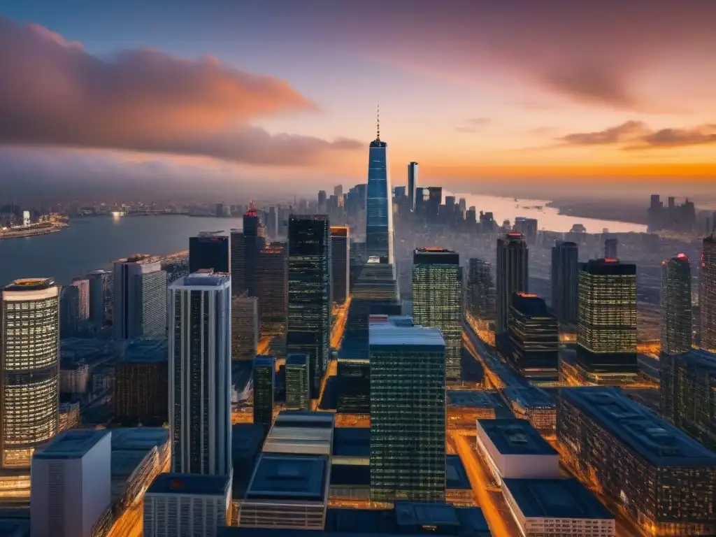 Horizonte urbano al atardecer: luces, rascacielos y oportunidades Vibrante ciudad al atardecer con rascacielos iluminados, evocando beneficios inversión proyectos inmobiliarios