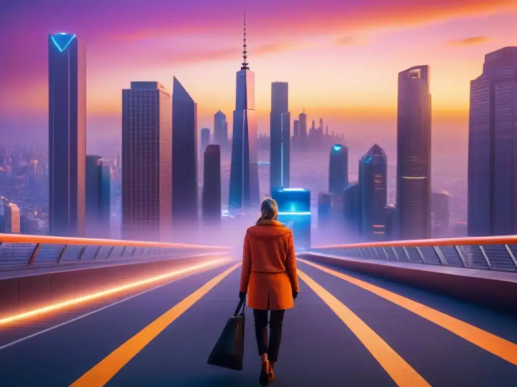 Horizonte urbano moderno al atardecer: luces y arquitectura Vibrante ciudad al atardecer con rascacielos modernos y luces brillantes