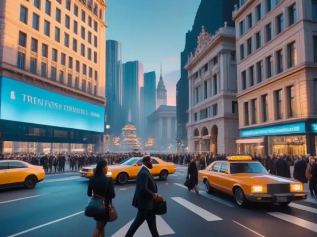 Metrópolis vibrante: progreso y desarrollo urbano en atardecer Vibrante ciudad al atardecer con rascacielos modernos y edificios históricos, simbolizando el progreso urbano