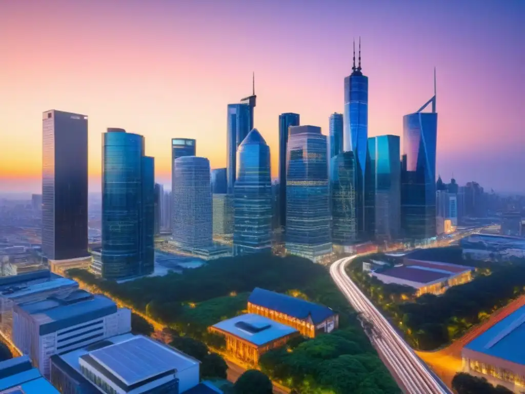 Skyline urbano en crepúsculo: innovación y progreso en la ciudad Vibrante ciudad al atardecer con rascacielos modernos iluminados