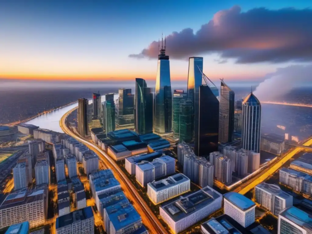 Horizonte urbano al atardecer: inversión inmobiliaria vibrante Vibrante ciudad al atardecer con rascacielos relucientes y autos brillantes en carreteras, resaltando la Importancia seguro inversor inmobiliario