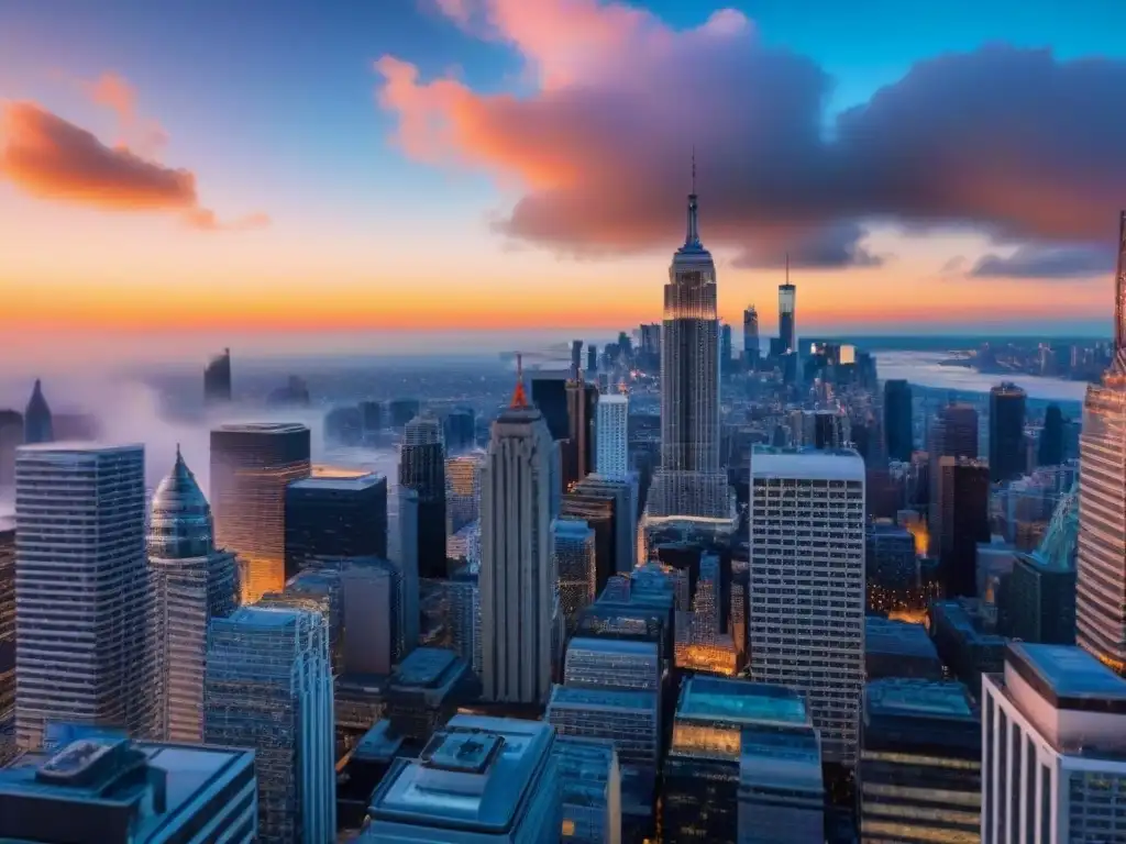 Cityscape moderno al atardecer: finanzas y networking en la metrópolis Vibrante ciudad al atardecer con rascacielos iluminados, profesionales intercambiando ideas en un entorno urbano dinámico