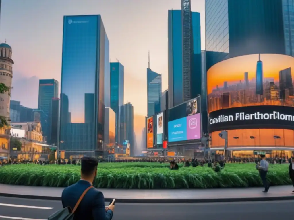 Horizonte urbano al atardecer: modernidad y movimiento en la ciudad Vibrante ciudad al atardecer, rascacielos iluminados reflejan el sol