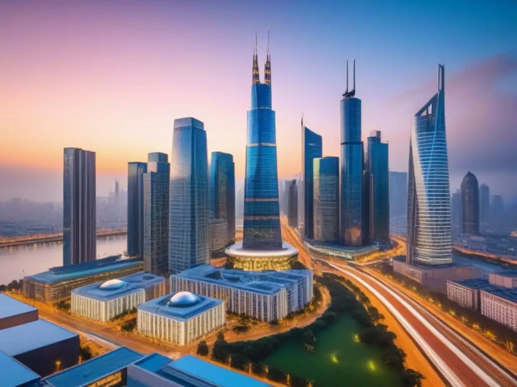 Vibrante ciudad al atardecer con rascacielos iluminados y diversidad cultural