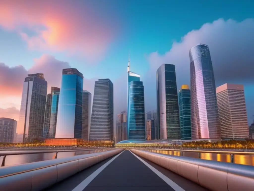 Esplendor urbano al atardecer: skyline moderno en 8k Vibrante ciudad al atardecer con rascacielos modernos iluminados y un edificio comercial elegante, reflejando la puesta de sol