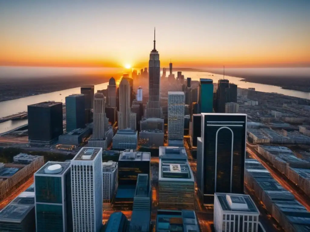 Horizonte urbano al atardecer: mercado inmobiliario en auge Vibrante ciudad al atardecer con rascacielos y actividad urbana, reflejando el próspero mercado de bienes raíces comerciales