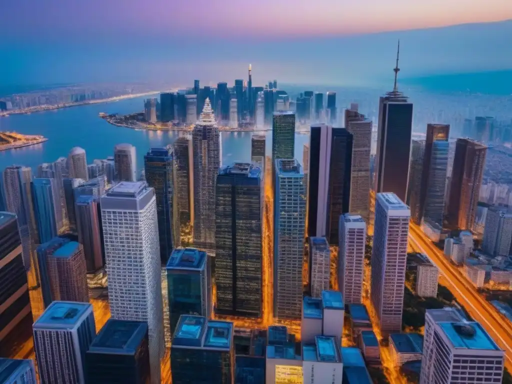 Esplendor urbano al atardecer: skyline moderno y vibrante Vibrante ciudad al atardecer con rascacielos modernos y luces brillantes