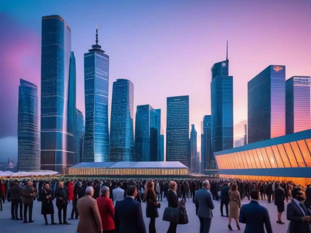 Horizonte urbano futurista: ciudad vibrante y global Vibrante ciudad al atardecer con rascacielos modernos iluminados y profesionales discutiendo, representando el efecto tensiones comerciales mercado inmobiliario