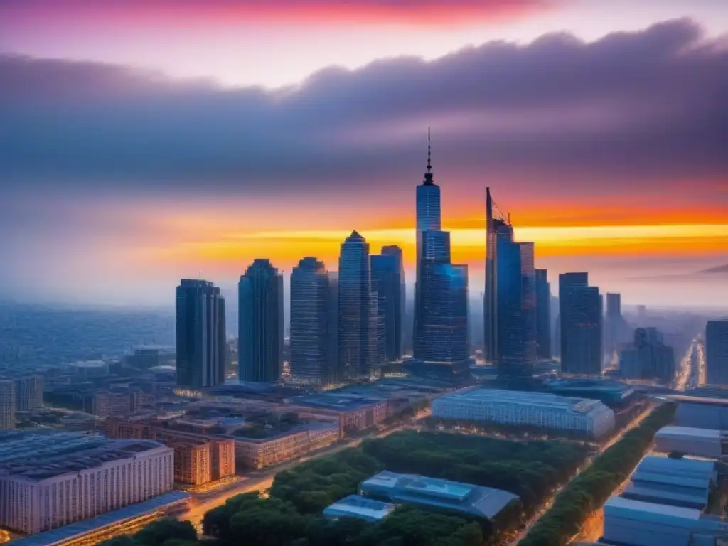 Vibrante ciudad en crecimiento: modernos rascacielos y mercado inmobiliario Vibrante ciudad al atardecer, con rascacielos modernos reflejando colores vivos