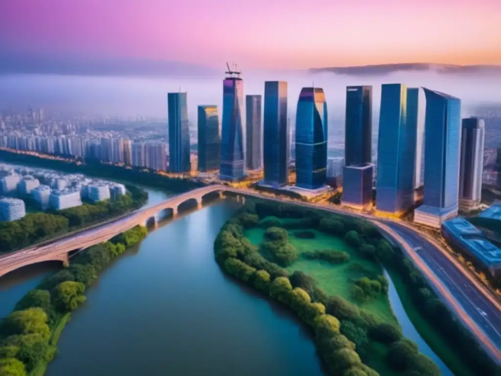 Metrópolis vibrante al atardecer: luces, ríos y parques Vibrante ciudad al atardecer, con rascacielos iluminados y parques verdes, reflejando desarrollo regional financiamiento inmobiliario