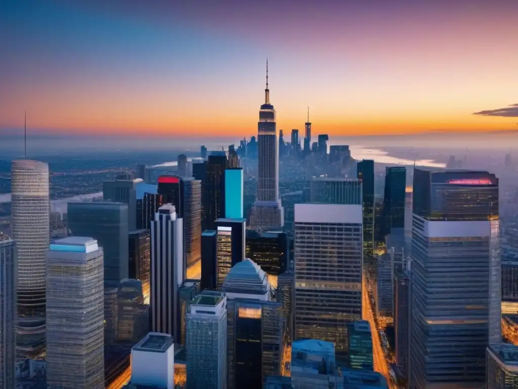 Cityscape al atardecer: vibrante mercado inmobiliario urbano Vibrante ciudad al atardecer con rascacielos y profesionales, reflejando las Tendencias mercado inmobiliario 2021