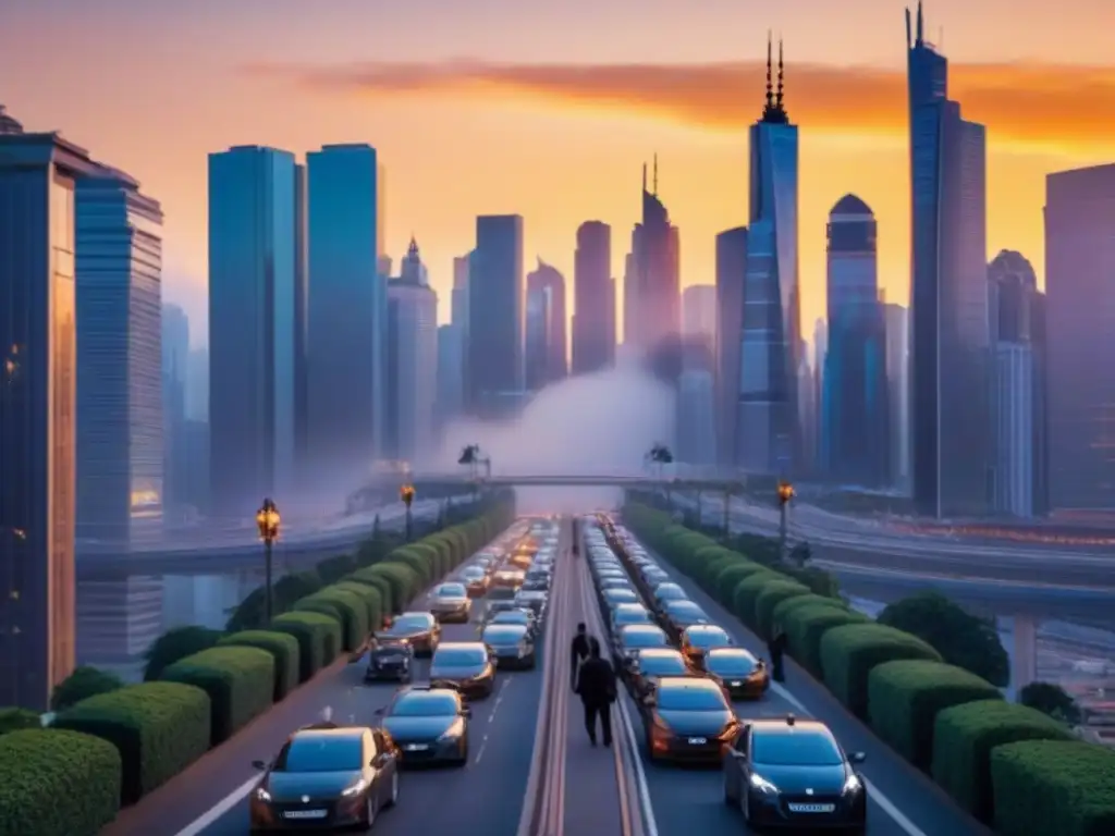 Horizonte urbano al atardecer: ciudad moderna y próspera Vibrante ciudad al atardecer con rascacielos altos iluminados por el sol, reflejando una economía sólida
