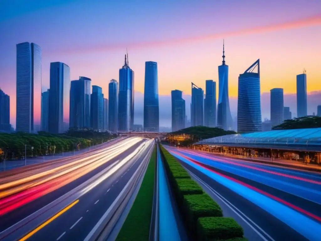 Horizonte urbano al anochecer: luces vibrantes en rascacielos emergentes Vibrante ciudad al atardecer con rascacielos iluminados y bulliciosa calle