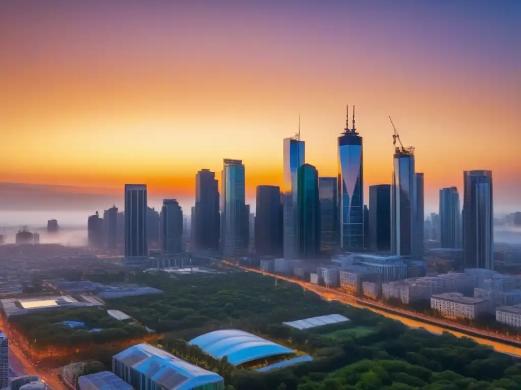 Metrópolis vibrante: atardecer en ciudad moderna Vibrante ciudad al atardecer con rascacielos modernos reflejando el sol, mostrando beneficios fiscales inversión inmobiliaria