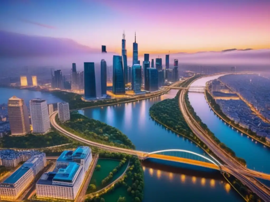 Metrópolis vibrante: atardecer en la ciudad ultradetallada Vibrante ciudad al atardecer, con rascacielos, ríos y luces brillantes