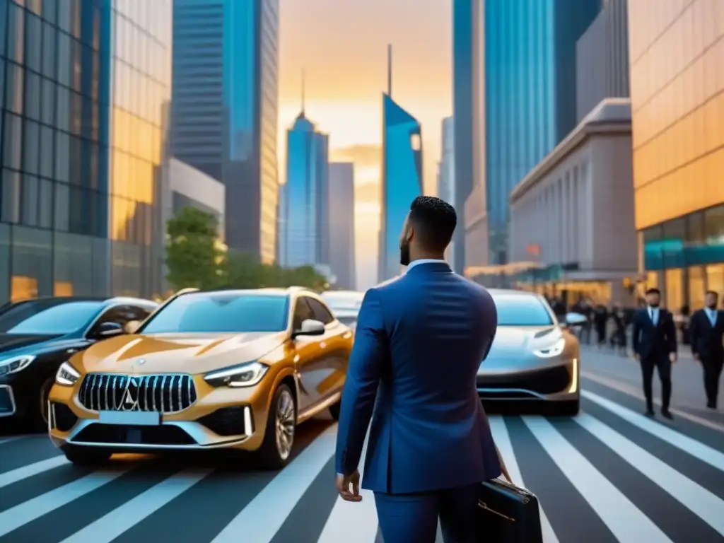 Horizonte urbano dorado: Finanzas y modernidad en la ciudad Vibrante ciudad al atardecer con rascacielos reflejando el sol dorado, mostrando un distrito financiero ocupado y autos eléctricos