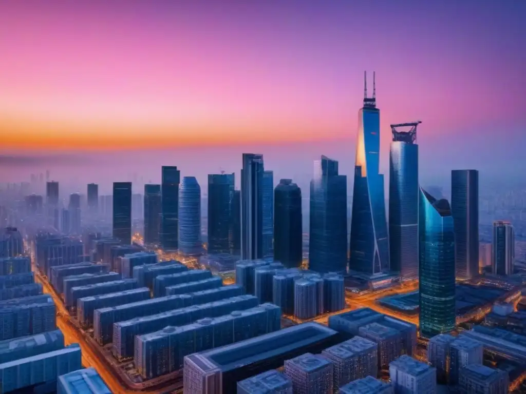 Horizonte urbano al atardecer: prosperidad económica y modernidad Vibrante ciudad al atardecer con rascacielos modernos y cielo anaranjado, reflejando prosperidad económica