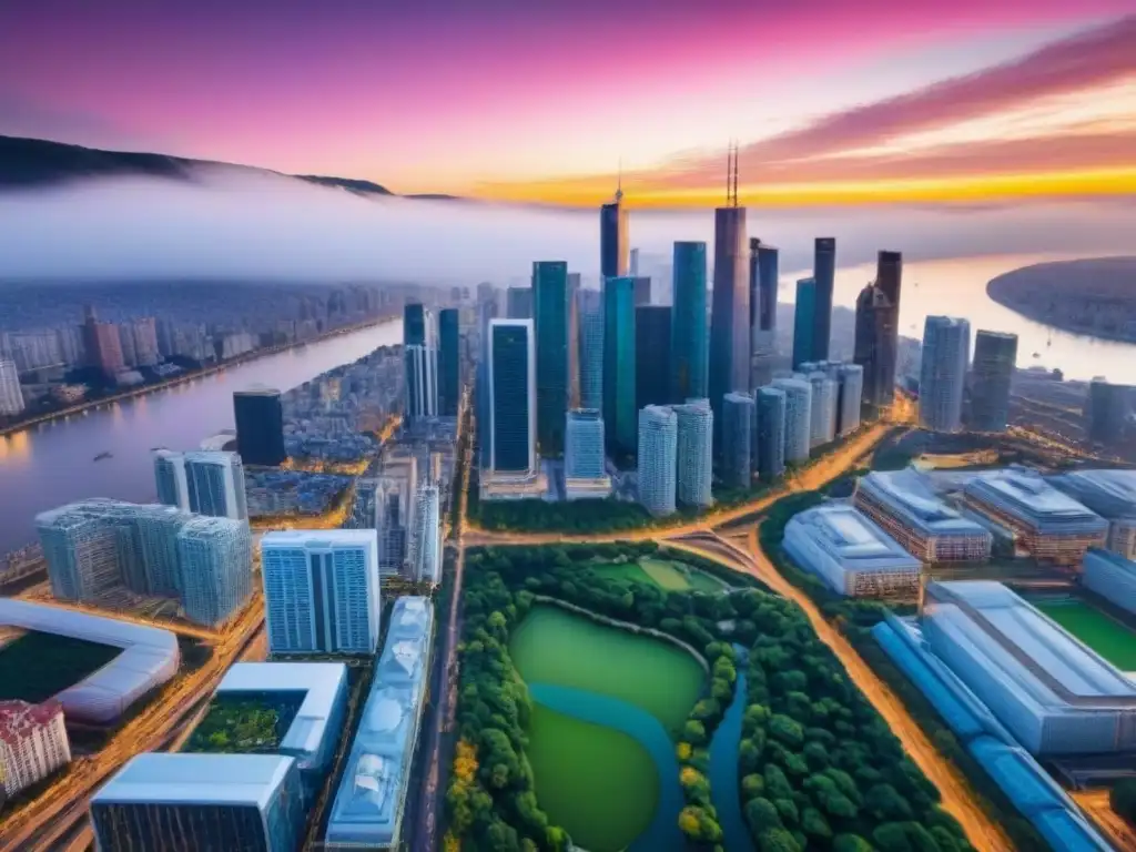 Vibrante ciudad al atardecer con rascacielos, arquitectura moderna, espacios verdes y actividad frenética