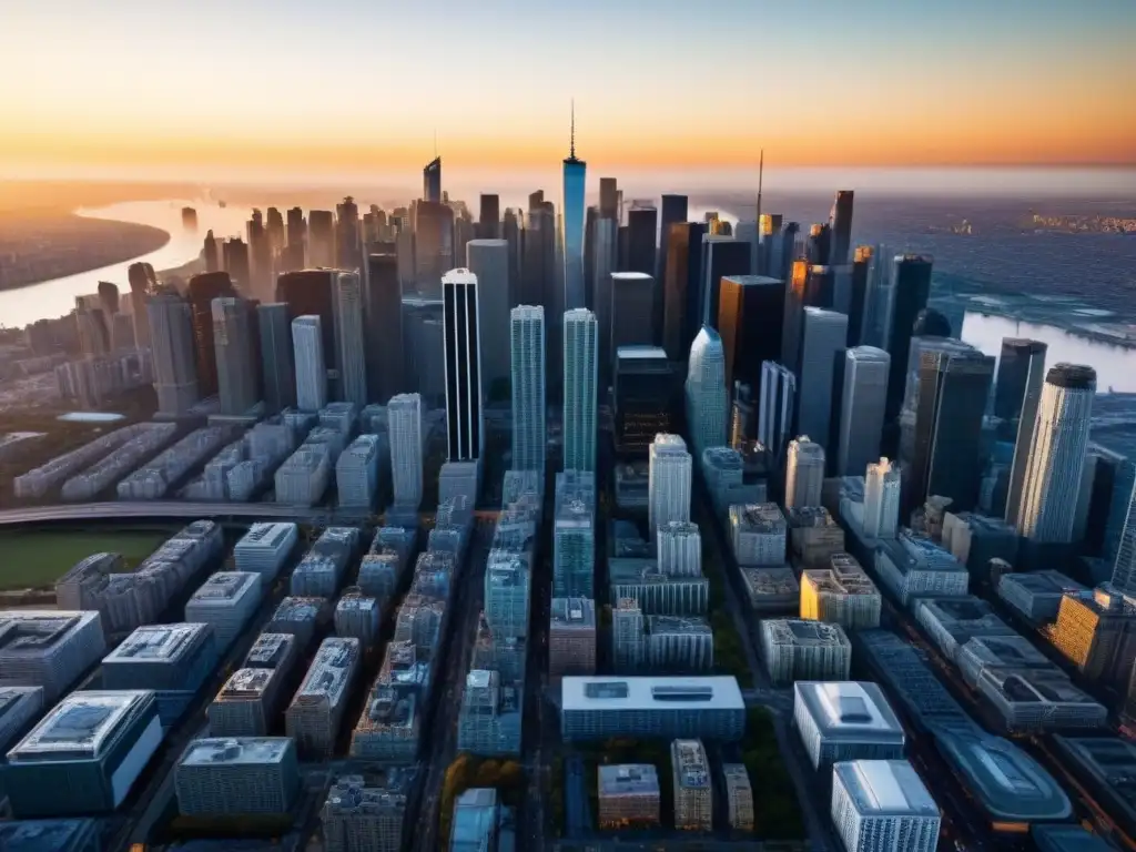 Espléndido atardecer en la ciudad moderna Vibrante ciudad al atardecer, rascacielos modernos destacan
