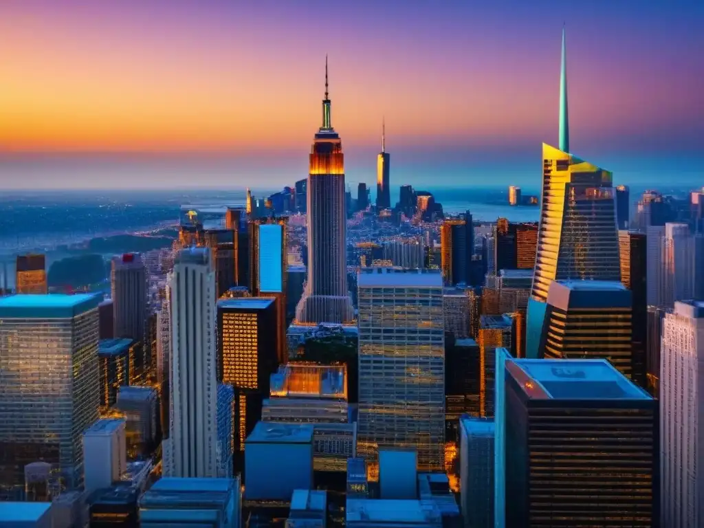 Horizonte urbano al atardecer: colores cálidos y colaboración Vibrante ciudad al atardecer, rascacielos modernos reflejan el sol
