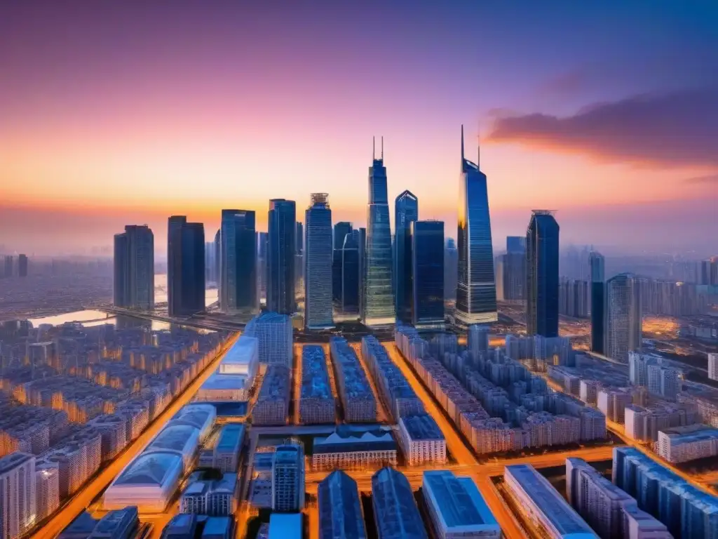 Panorama urbano al atardecer: reflejos de progreso y sofisticación Vibrante ciudad al atardecer con rascacielos modernos reflejando el sol