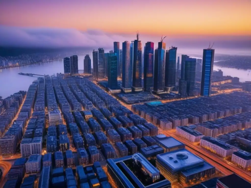 Cityscape moderno al atardecer: 8k detallado y vibrante Vibrante ciudad al atardecer con rascacielos y luces de la ciudad, ideal para seguros de propiedad primeros compradores