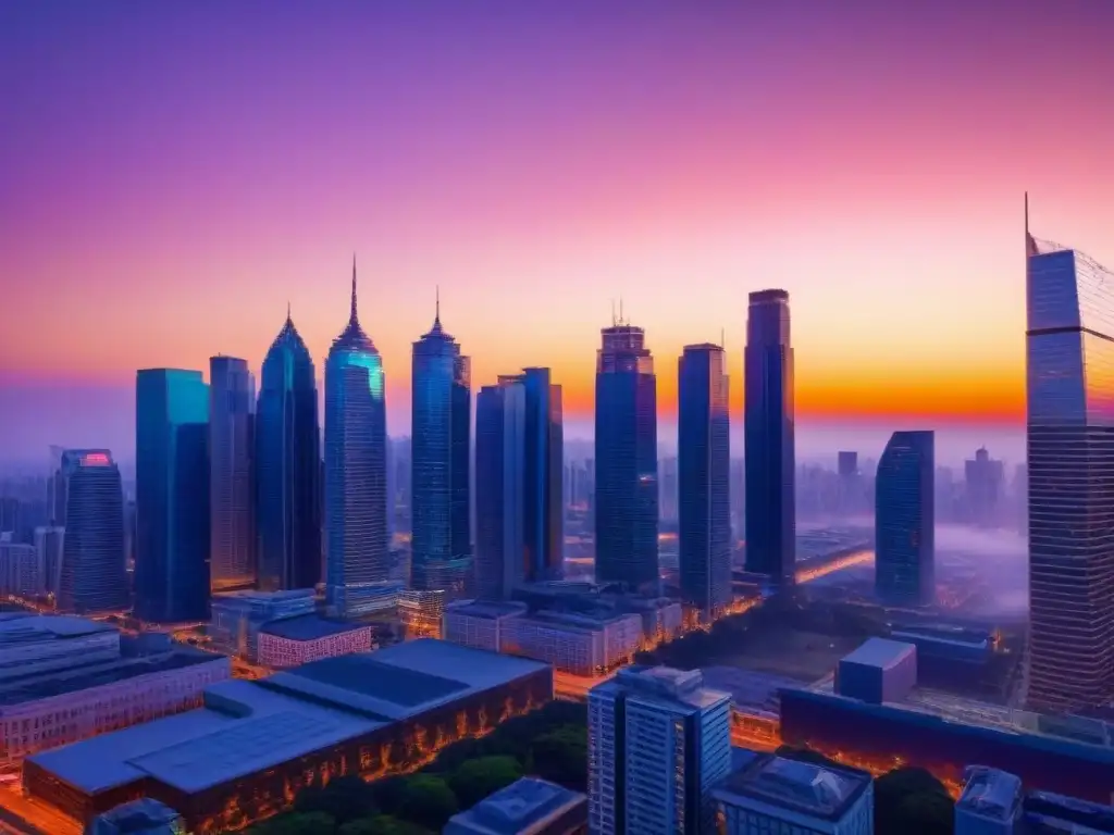 Horizonte urbano al atardecer: prosperidad y oportunidades inmobiliarias Vibrante ciudad al atardecer con rascacielos y calles llenas de vida