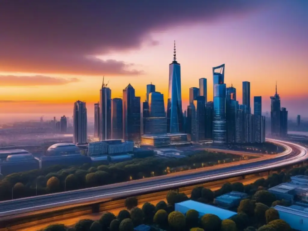 Vibrante ciudad al atardecer con rascacielos modernos, reflejo de normativa urbanística inversión inmobiliaria
