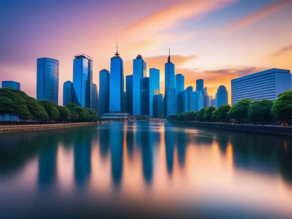 Horizonte urbano moderno al atardecer: luces en río sereno Vibrante ciudad al atardecer, con rascacielos iluminados y reflejos en el río