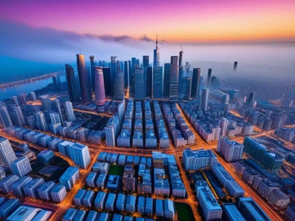 Vibrante ciudad al atardecer: inversión inmobiliaria Vibrante ciudad al atardecer, con rascacielos y bulliciosas calles