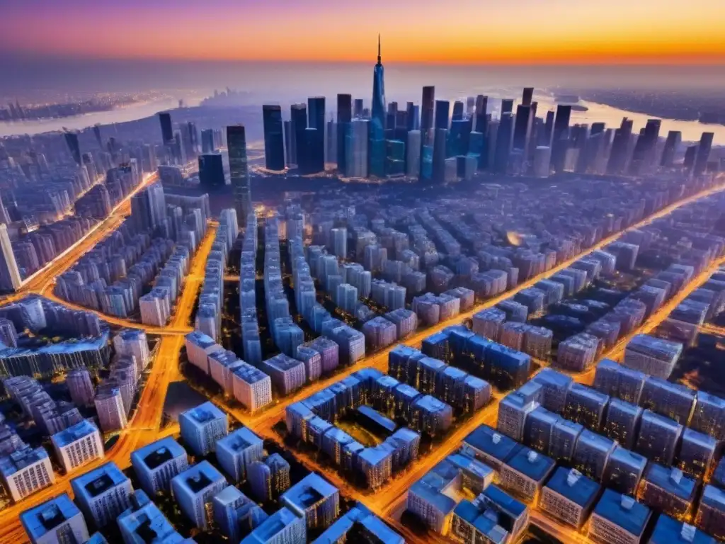 Horizonte urbano al atardecer: ciudades en crecimiento Vibrante ciudad al atardecer: rascacielos, calles iluminadas por el sol