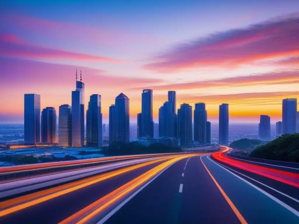 Cityscape moderno al atardecer: 8K vibrante y detallado Vibrante ciudad al atardecer, con rascacielos iluminados reflejando el atardecer