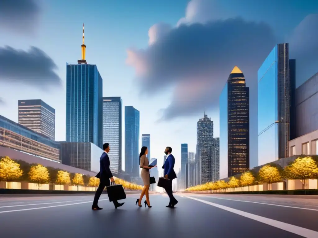 Horizonte urbano al atardecer con profesionales: préstamos inmobiliarios Vibrante ciudad al atardecer con rascacielos iluminados y profesionales caminando